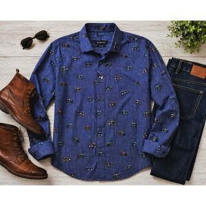 Bugatchi Classic Fit Motorcycle Print XL Button Down Shirt Blue Denim Color Size